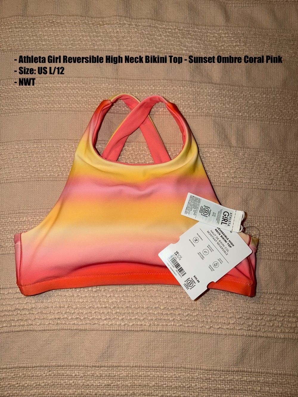 Athleta Sunset Ombre Coral Pink Yellow Reversible High Neck Bikini Top